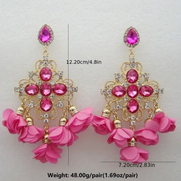 ✨🆕✨ Unique Bold Statement BoHo Flower Rhinestones Tassel Earrings✨ - Picture 7 of 12